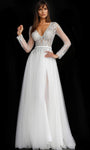 A-line V-neck Long Sleeves Beaded Sheer Fitted Plunging Neck Natural Waistline Evening Dress