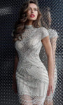 High-Neck Hidden Back Zipper Glittering Fitted Beaded Sheath Cap Sleeves Polyester Cocktail Short Sheath Dress