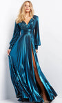 Tall A-line V-neck Metallic Empire Waistline Bishop Sleeves Pleated Slit Back Zipper Fitted Evening Dress
