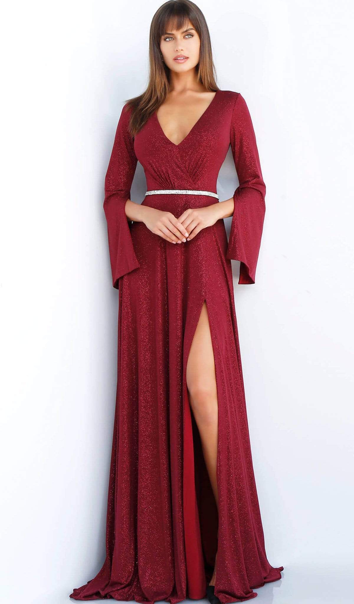 Jovani - 63124 Split Long Sleeve Glitter High Slit Gown
