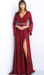 Sophisticated A-line V-neck Long Sleeves Natural Waistline Jeweled Slit Glittering Back Zipper Plunging Neck Dress with a Brush/Sweep Train
