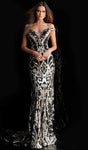 Tall Plunging Neck Sweetheart Natural Waistline Metallic Off the Shoulder Sheath Fall Sequined Back Zipper Open-Back Sheer Illusion General Print Sheath Dress with a Court Train