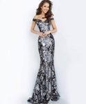 Tall Strapless Natural Waistline Metallic Off the Shoulder Mermaid Floral Print Open-Back Back Zipper Sequined Sweetheart Dress with a Brush/Sweep Train