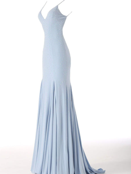 Sexy V-neck Natural Waistline Mermaid Beaded Goddess Back Zipper Fitted Glittering Backless Open-Back Jersey Sleeveless Spaghetti Strap Evening Dress/Prom Dress