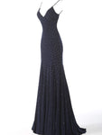 Sexy V-neck Backless Beaded Back Zipper Glittering Open-Back Goddess Fitted Jersey Mermaid Sleeveless Spaghetti Strap Natural Waistline Evening Dress/Prom Dress