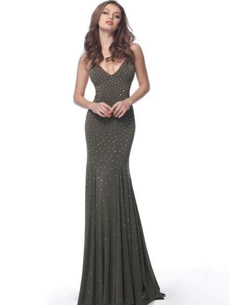 Sexy V-neck Mermaid Jersey Natural Waistline Goddess Fitted Glittering Backless Open-Back Back Zipper Beaded Sleeveless Spaghetti Strap Evening Dress/Prom Dress