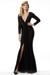 V-neck Ruched Slit Hidden Back Zipper Fitted Sheath Natural Waistline Long Sleeves Jersey Floor Length Plunging Neck Sheath Dress/Evening Dress