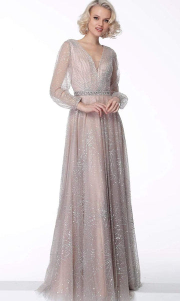 Sophisticated A-line V-neck Plunging Neck Natural Waistline Long Sleeves Tulle Beaded Glittering Sheer Fitted Back Zipper Evening Dress with a Brush/Sweep Train