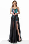 A-line Sleeveless Spaghetti Strap Sweetheart Tulle Slit Sequined Fitted Dress with a Brush/Sweep Train by Jovani