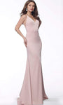 V-neck Satin Fitted Open-Back Sleeveless Spaghetti Strap Sheath Sheath Dress with a Brush/Sweep Train by Jovani