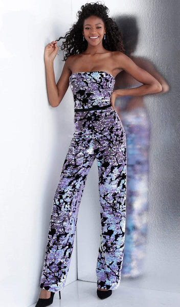 Strapless General Print Straight Neck Floor Length Natural Waistline Sequined Back Zipper Fitted Open-Back Jumpsuit