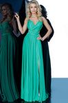 A-line V-neck Floor Length Spaghetti Strap Natural Waistline Plunging Neck Open-Back Keyhole Banding Gathered Cutout Slit Fitted Pleated Ruched Evening Dress with a Brush/Sweep Train