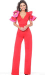 V-neck Cold Shoulder Sleeves Floor Length Natural Waistline Back Zipper Fitted Plunging Neck Jumpsuit With Ruffles