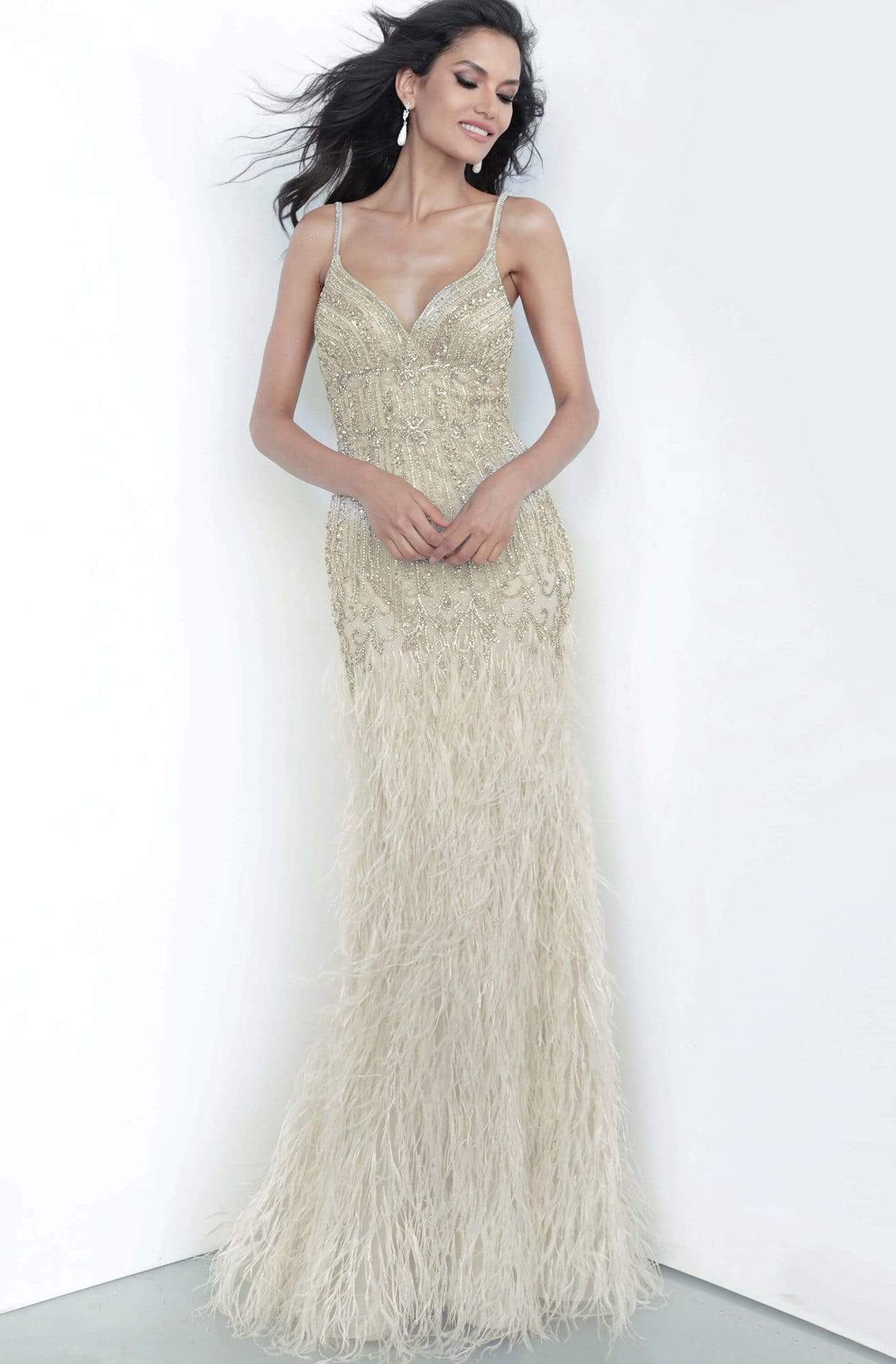 Jovani - 68827 Embellished V-neck Feathered Trumpet Dress
