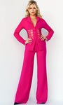 V-neck Collared Long Sleeves Natural Waistline Floor Length Front Zipper Sheer Jumpsuit