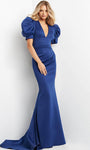 V-neck Mermaid Crepe Plunging Neck Short Natural Waistline Puff Sleeves Sleeves Fitted Back Zipper Evening Dress with a Court Train