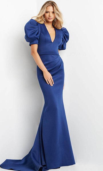 V-neck Short Puff Sleeves Sleeves Crepe Fitted Back Zipper Mermaid Natural Waistline Plunging Neck Evening Dress with a Court Train