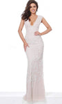 V-neck Natural Waistline Cap Sleeves Thick Straps Plunging Neck Sheath Mermaid Floor Length Back Zipper Fitted Sequined Sheath Dress