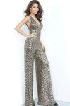 V-neck Plunging Neck Natural Waistline V Back Fitted Slit Sleeveless Two-Toned Print Jumpsuit