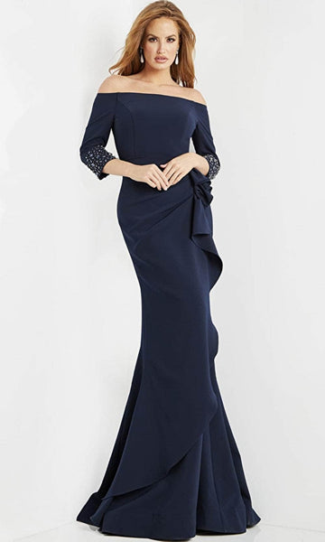 Off the Shoulder Sheath Beaded Draped Open-Back Faux Wrap Back Zipper Natural Waistline Straight Neck Sheath Dress/Evening Dress/Mother-of-the-Bride Dress With Ruffles