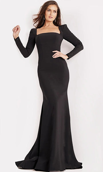 Floor Length Crepe Lace-Up Back Zipper Fitted Long Sleeves Mermaid Empire Waistline Square Neck Evening Dress with a Brush/Sweep Train