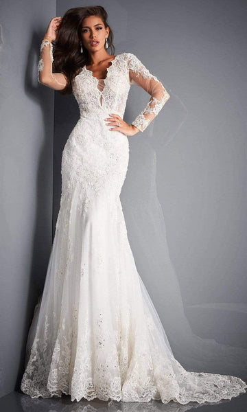 V-neck V Back Fitted Sheer Long Sleeves Plunging Neck Mermaid Natural Waistline Wedding Dress with a Chapel Train