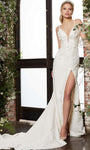 Sheer Applique Slit Fitted Open-Back Plunging Neck Sweetheart Mermaid Natural Waistline Spaghetti Strap Wedding Dress with a Cathedral Train