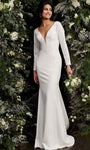 Sophisticated V-neck Natural Princess Seams Waistline Long Sleeves Mermaid Sheer Fitted Plunging Neck Wedding Dress with a Brush/Sweep Train