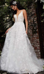 A-line V-neck Floral Print Embroidered Sheer Natural Waistline Lace Spaghetti Strap Wedding Dress