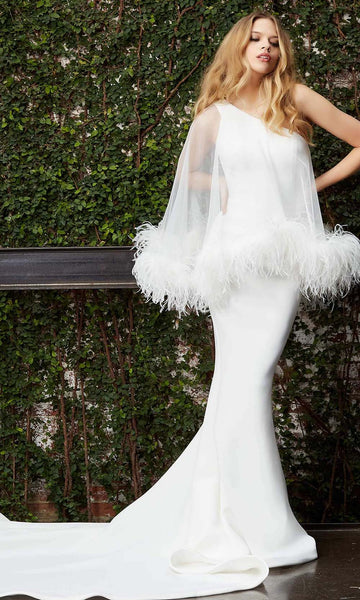 Sheer Open-Back Natural Waistline Mermaid One Shoulder Wedding Dress with a Court Train