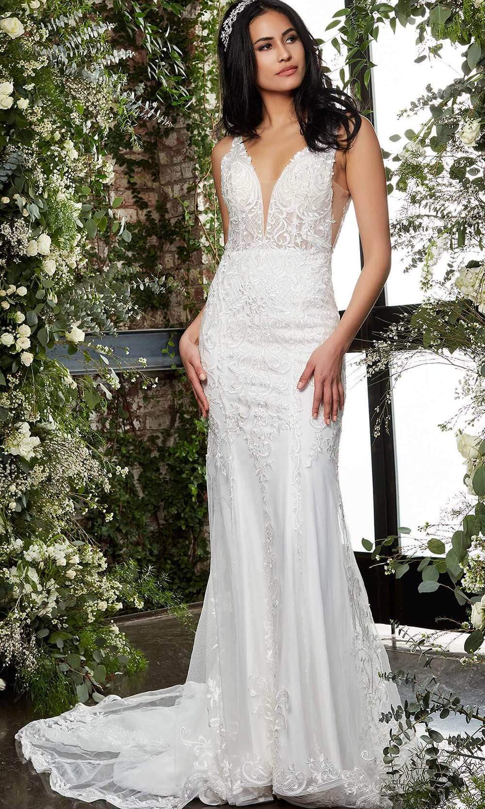 Jovani Bridal - JB07385 Embroidered Lace Sheath Bridal Gown
