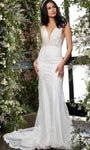 V-neck Plunging Neck Embroidered Sheath Natural Waistline Lace Sheath Dress/Wedding Dress with a Court Train