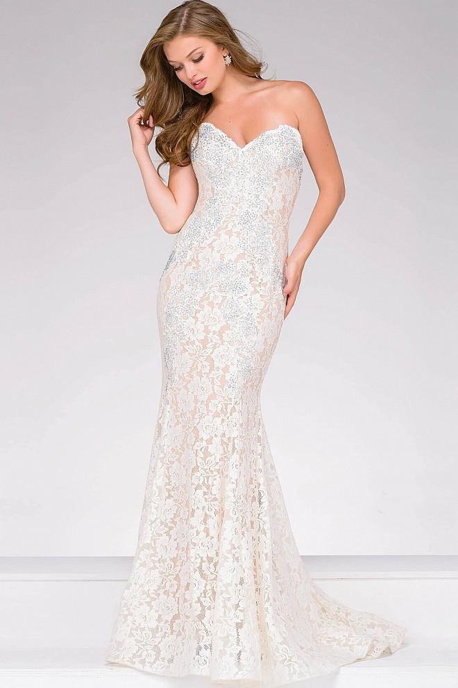 Jovani - Crystal Embellished Strapless Lace Prom Dress 37334
