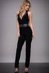 Sophisticated Leather Sleeveless Natural Waistline Floor Length Collared Halter Back Zipper Fitted Jumpsuit