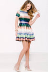 A-line Pleated Vintage Back Zipper Pocketed Short Sleeves Sleeves Jeweled Neck Natural Waistline Cocktail Above the Knee Striped Print Prom Dress