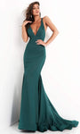 V-neck Sleeveless Natural Waistline Glittering Open-Back Goddess Hidden Back Zipper Ruched Mermaid Plunging Neck Evening Dress with a Court Train