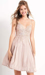 A-line V-neck Lace Embroidered Semi Sheer V Back Open-Back Pleated Fitted Natural Waistline Fit-and-Flare Cocktail Short Sleeveless Spaghetti Strap Homecoming Dress/Party Dress