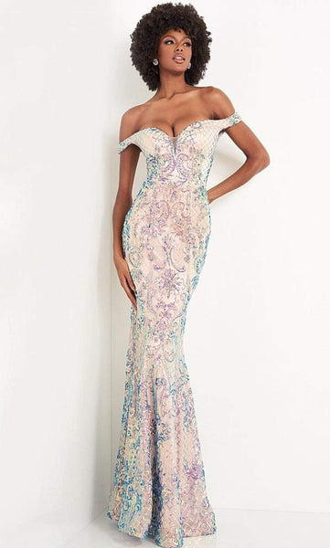 Plunging Neck Off the Shoulder Fitted Beaded Sheer Sequined Hidden Back Zipper Fit-and-Flare Mermaid Floor Length Natural Waistline Prom Dress