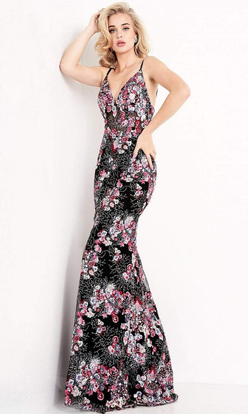 V-neck Floral Print Natural Waistline Sleeveless Spaghetti Strap Floor Length Sheath Mesh Illusion Fitted Open-Back Embroidered Sheath Dress/Evening Dress with a Brush/Sweep Train
