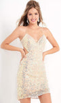 Sexy V-neck Natural Waistline Sheath Sequined Fitted Open-Back Cutout Above the Knee Sleeveless Sheath Dress