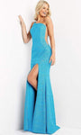 Fit-and-Flare Mermaid Glittering Fitted Asymmetric Slit Sheer One Shoulder Sleeveless Natural Waistline Dress