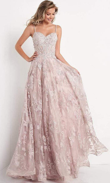 Modest A-line Corset Natural Waistline Spaghetti Strap Lace Floral Print Sweetheart Open-Back Sheer Applique Beaded Floor Length Prom Dress with a Brush/Sweep Train With Pearls