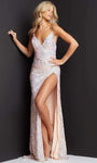 V-neck Fitted Sequined Back Zipper Slit Sleeveless Spaghetti Strap Floor Length Natural Waistline Sheath Sheath Dress with a Brush/Sweep Train