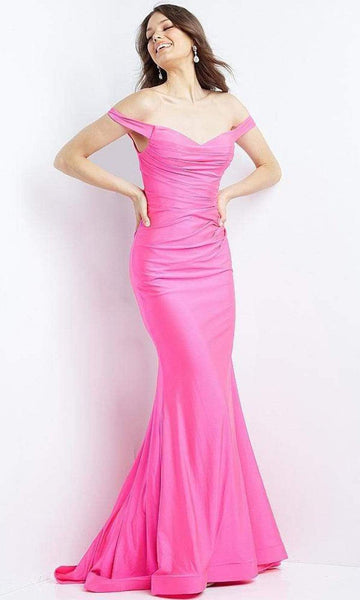 Off the Shoulder Fit-and-Flare Mermaid Natural Waistline Fitted Back Zipper Ruched Party Dress with a Brush/Sweep Train