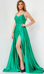 Sexy A-line V-neck Satin Spaghetti Strap Open-Back Slit Back Zipper Wrap Pleated Natural Waistline Prom Dress with a Brush/Sweep Train