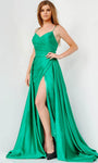Sexy A-line V-neck Back Zipper Slit Wrap Open-Back Pleated Satin Natural Waistline Spaghetti Strap Prom Dress with a Brush/Sweep Train