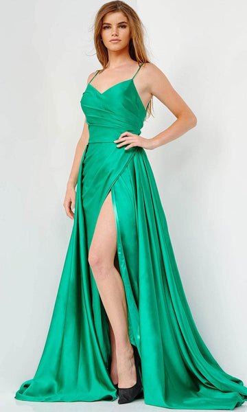 Sexy A-line V-neck Spaghetti Strap Satin Open-Back Wrap Back Zipper Slit Pleated Natural Waistline Prom Dress with a Brush/Sweep Train