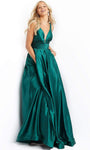 A-line V-neck Natural Waistline Floor Length Sleeveless Open-Back Shirred Sheer Back Zipper Pleated Plunging Neck Satin Dress