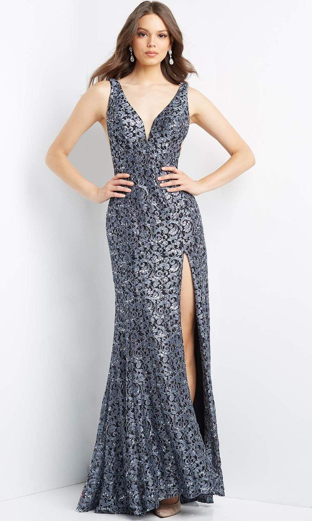 JVN by Jovani - JVN08512 Plunging V-Neck Embellished Lace Gown
