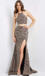 Natural Waistline Spaghetti Strap Mermaid Back Zipper Glittering Open-Back Slit Halter Dress with a Brush/Sweep Train